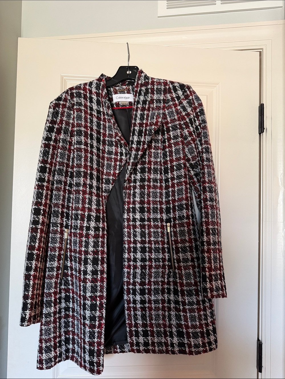 Calvin Klein Women's Red Black White Plaid Tweed Trench Coat